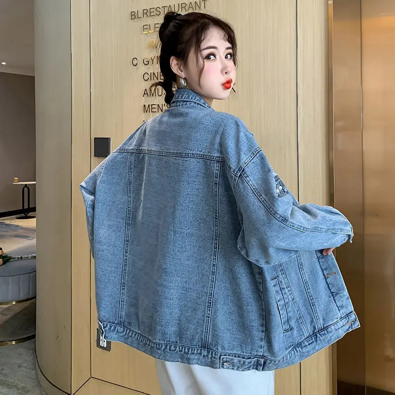 Spring Autumn Female Fashion Jeans Jacket Korean Rhinestones Embroideried 3D Flowers Hole Cowboy Outerwear Loose Lady Coat 250804