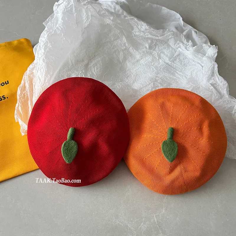 Womens Kaii Hat Korean Version Cute Orange Beret Girls Summer Fun Quirky Breathable Little Painters Hat Versatile Funny C XJ250807