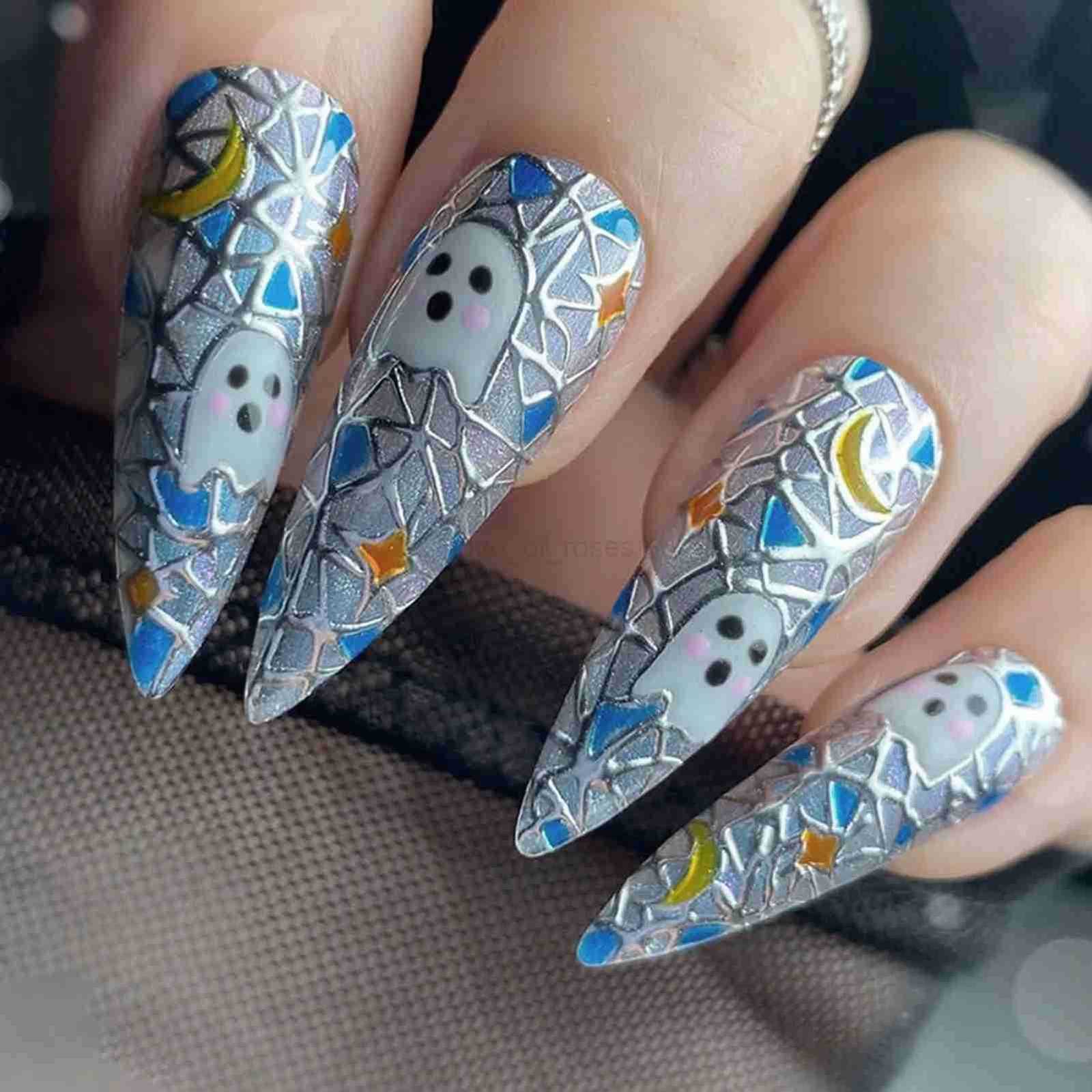 24pcs Long Pointed False Nails European Halloween Fake Nail Patch Full Cover Wearable Ghost Pattern Design Press-on Nails Z250807