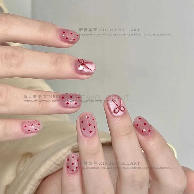 10pcs Ballet Short Nail Tips Set - Glossy Finish Polka Dot Solid Color Designs with 3D Bow Accents Nail Art for Women and Girls M250807