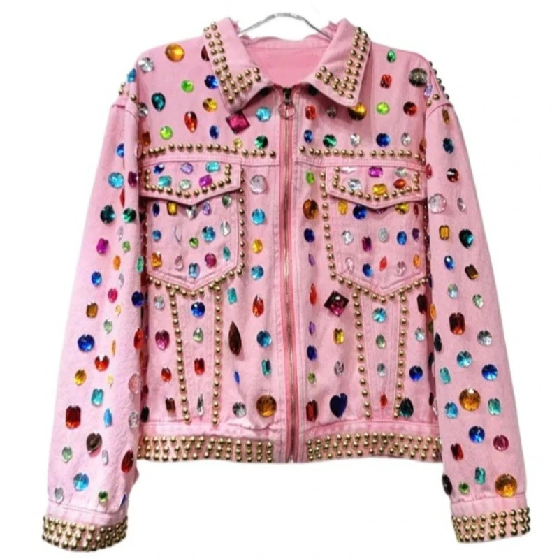 Women Rainbow Diamonds Beaded Pink Denim Coat Loose Rhinestones Jeans Jacket Long Sleeve Crystal Cowboy Cardigan Rivets Tops 250804