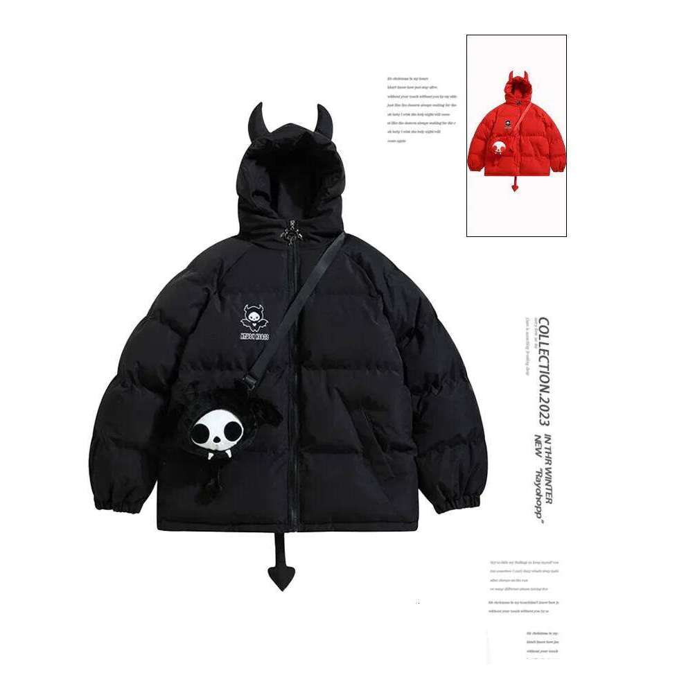 Designer Clothing 2025 Women Black Gothic Thicken Parkas Hip Hop Devil Horns Wing Couple Hooded Padded Jacket Streetwear Emo Coat Winter Clothes