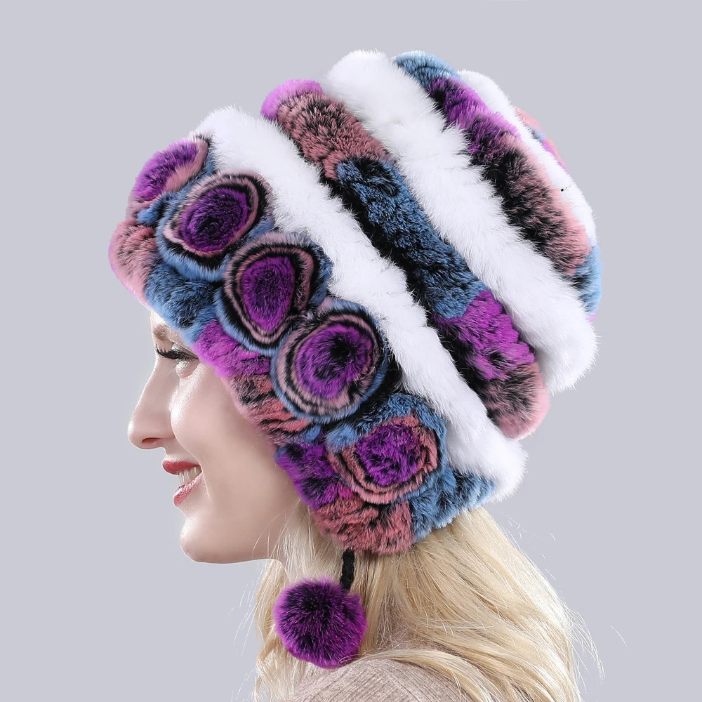 Winter Women Flowers Striped Natural Real Rex Rabbit Fur Hats Lady Warm Knit Genuine Fur Caps Russian Outdoor Fur Hats 250806
