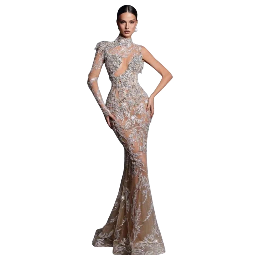 Sexy Prom Dress Mermaid Evening Dress One Sleeve High-Neck Sequins Appliques Crystal 3D Lace Prom Gowns Plus Size Customized vestido de novia L251742