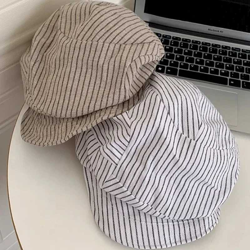 Japanese Classic Color Matching Striped Newsboy Hats Women Summer Breathable Versatile Show Face Small Retro Literary Berets XJ250807