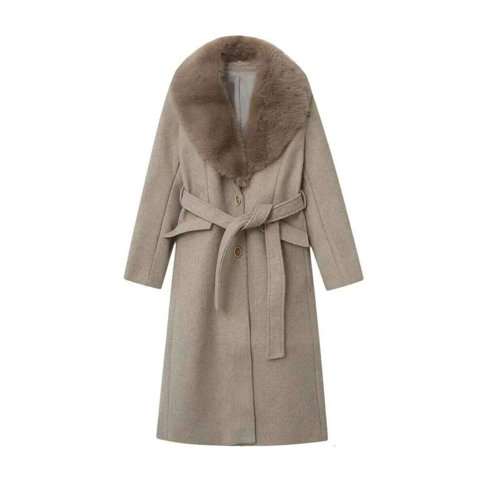 Korean Style 2025 Autumn Winter Oversized Faux-Fox Fur Collar Detachable Splicing Woolen Women's Belt Warm Coat