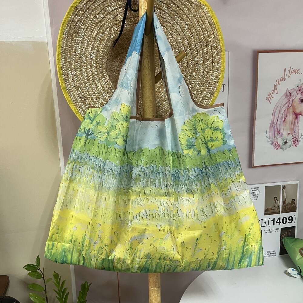 2025 New Eco-friendly Travel Oil Painting Series Cartoon Foldable Handheld Shopping Grocery Bag