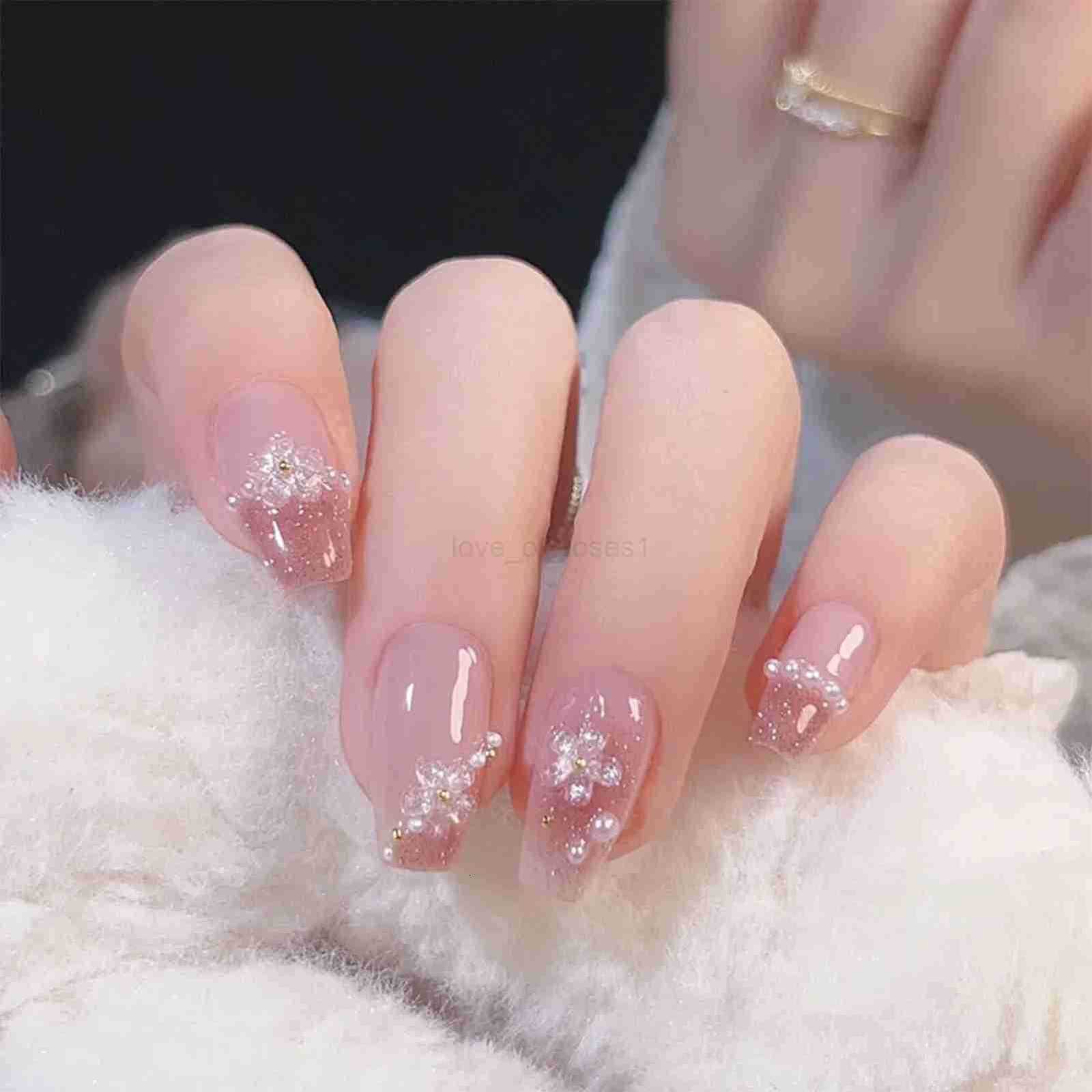 24pcs Sweet Cute Bow False Nails with Pink Crystal Design Korean Fake Nail Tips for Girls Ladies Wearable Full Cover Press on Nails Z250807