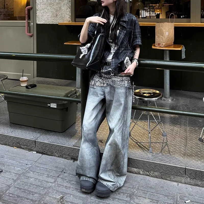 Womens Fashion Straight Printed Casual Denim Pants Arrival Female Wideleg Jeans Trendy Trousers 250807