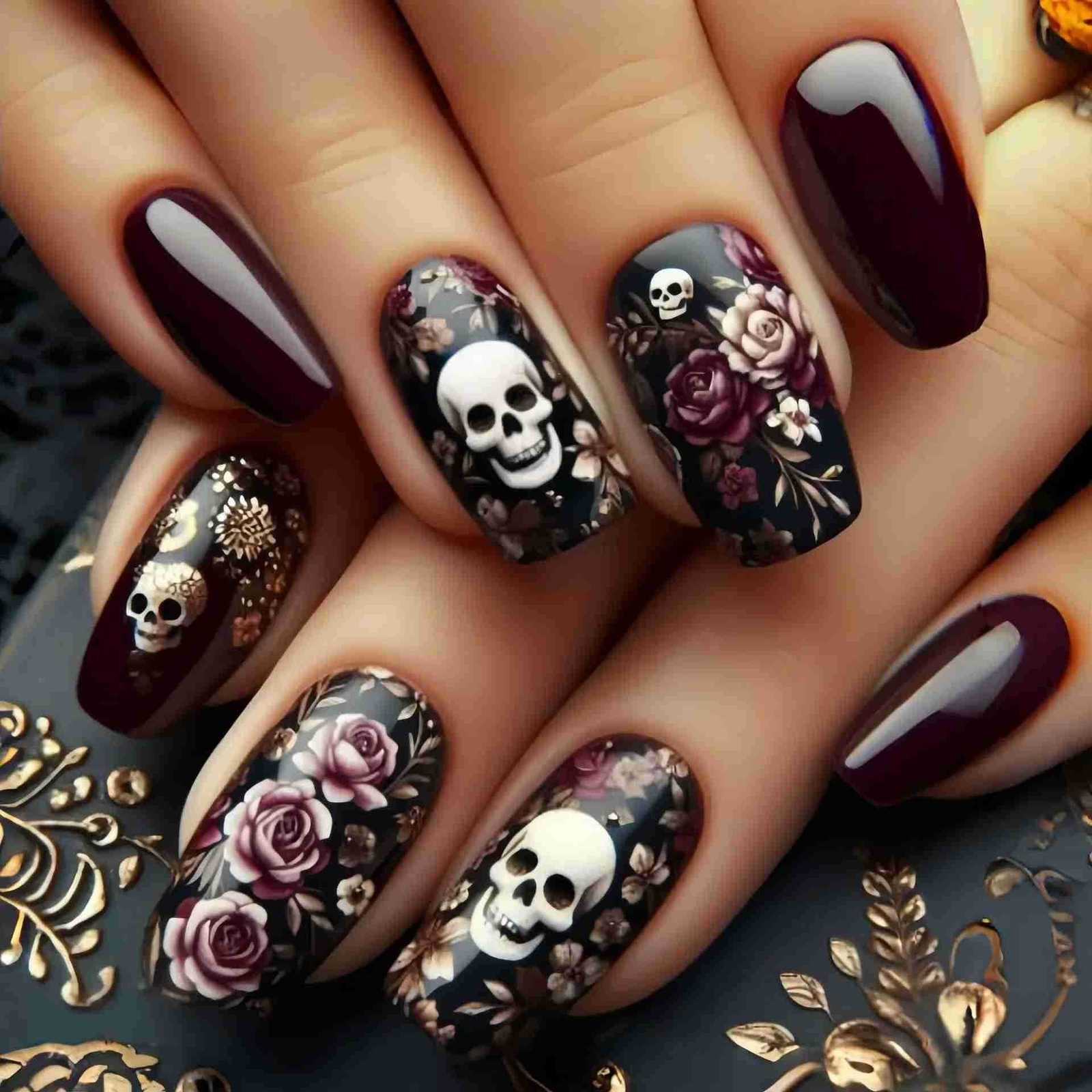 24PCS Dark Skull Patterns False Nails with Glue Halloween Simple Medium Square Fake Nails Acrylic Wearable Manicure Gel Nail Tips M250807