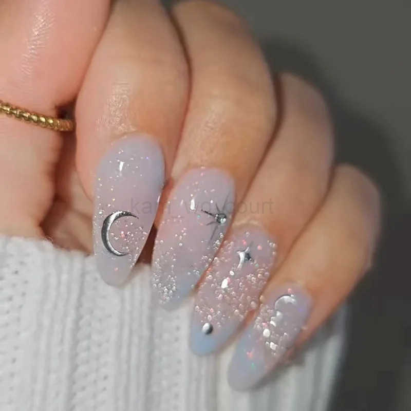 24Pcs Glitter Blue French False Nails Press on Short Round Head Fake Nail with Moon Star Design Artificial Almond Manicure Tips M250807