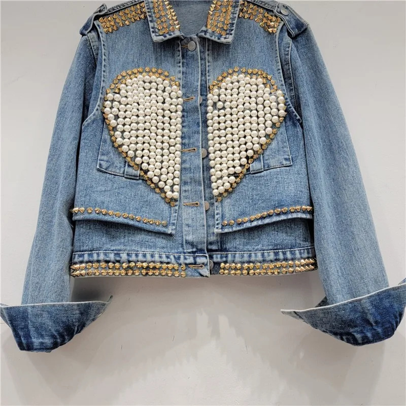 Heart Rivets Diamonds Denim Bomber Coat Love Shaped Spring Pearls Beads Jeans Jacket Rhinestones Cowboy Cardigan Crystal Tops 250804