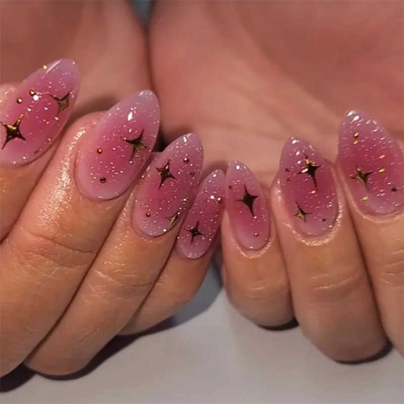 Medium Fake Nails For Women Girls Gradient Blue Pink Starry Sky Star Moon Y2K Design Almond Nail Tips Press On False Nail Set M250806