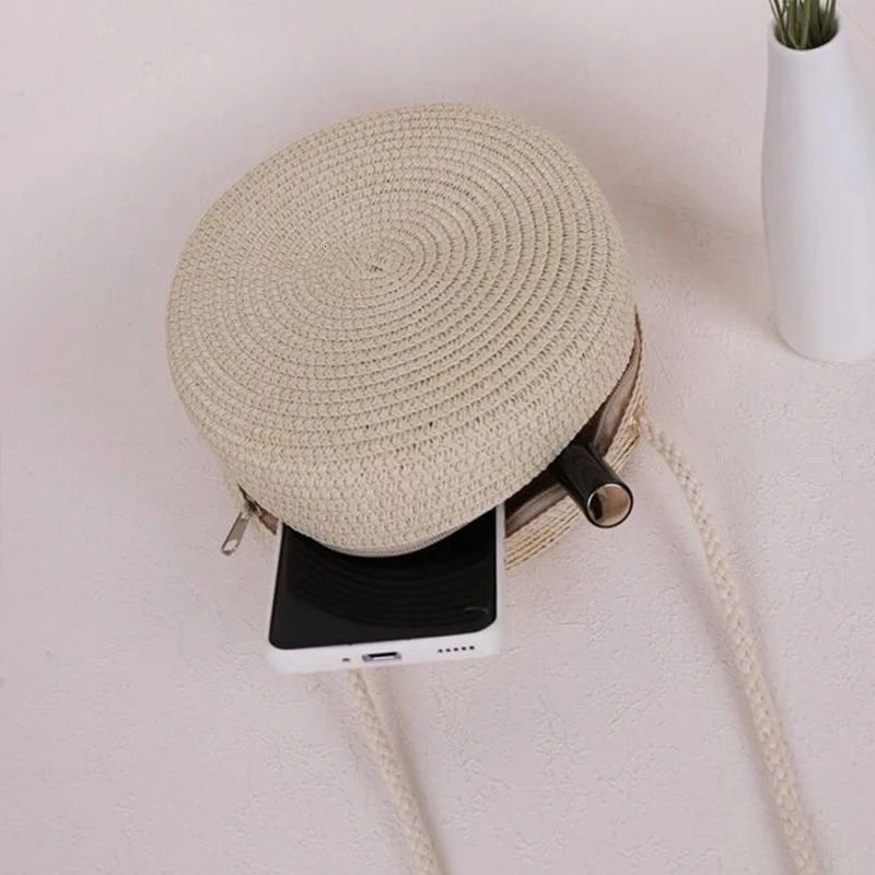 Round Straw Bag Women Woven Beach Crossbody Bag for Ladies Cute Shoulder Rattan Handmade Knitted Candy Color Small Handbag Bolsa 250805