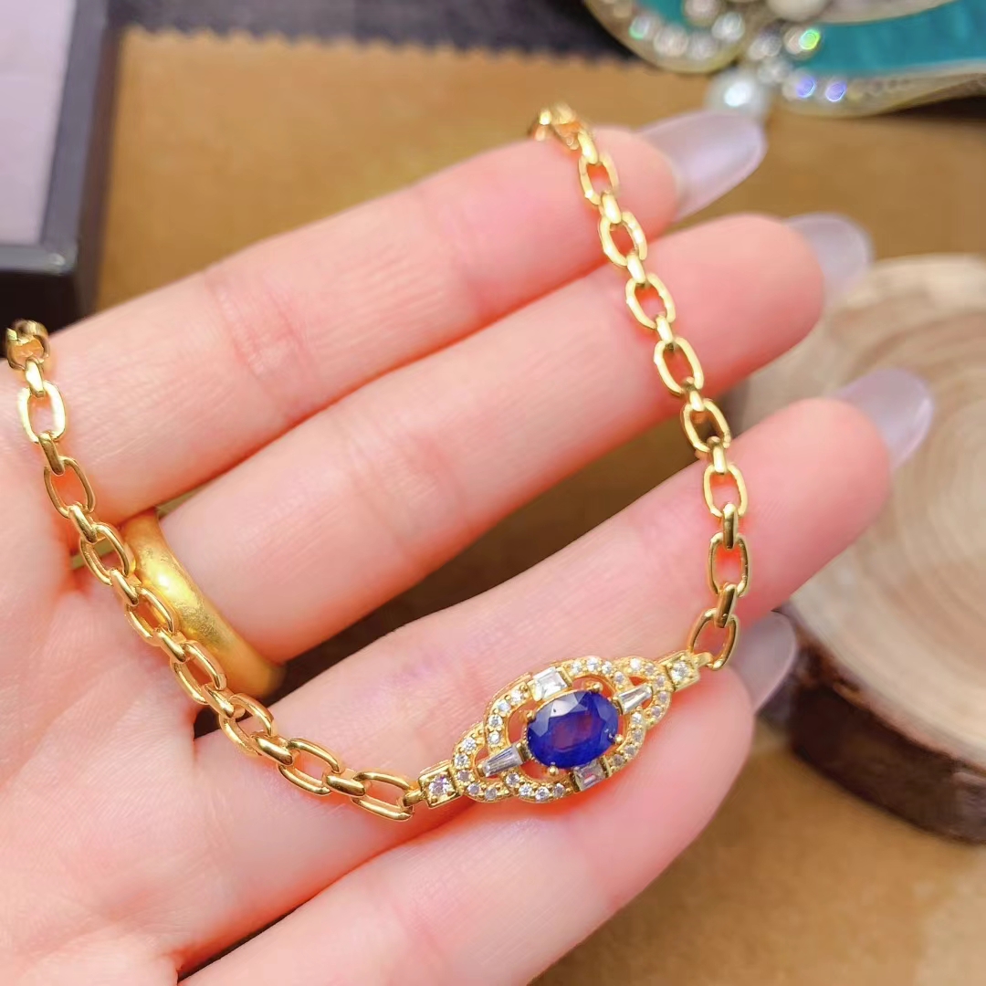 Royal blue natural sapphire bracelet for wedding 5mm*7mm 0.7ct genuine sapphire 925 silver bracelet with thick 18K gold plating