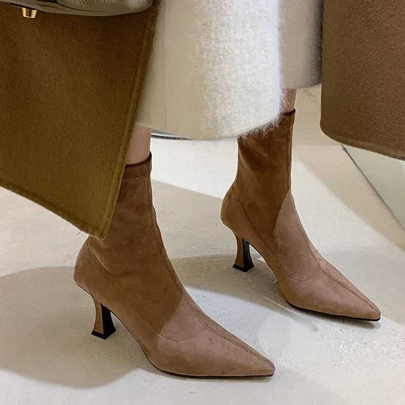 Spring and Autumn Female Commuter High Heels Bare Boots Comfortable Suede Boots Pointed Stiletto Heels Elastic Socks Boots XJ250807