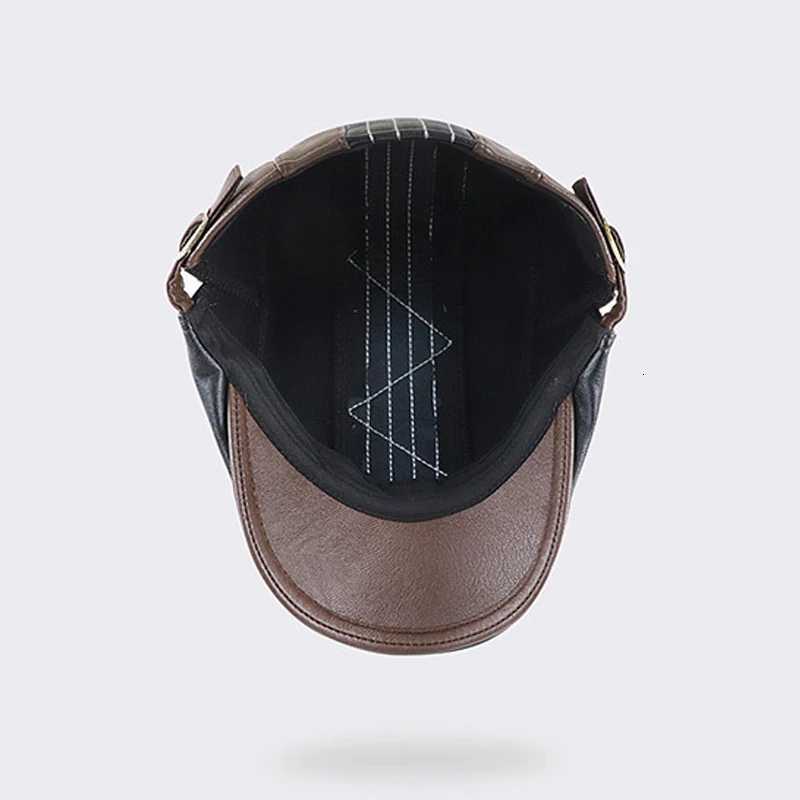 PU Leather Beret Hats for Men Autumn Winter Faux Leather Herringbone Visor Middle-aged Mens Warm Flat Peaked Adjustable XJ250807
