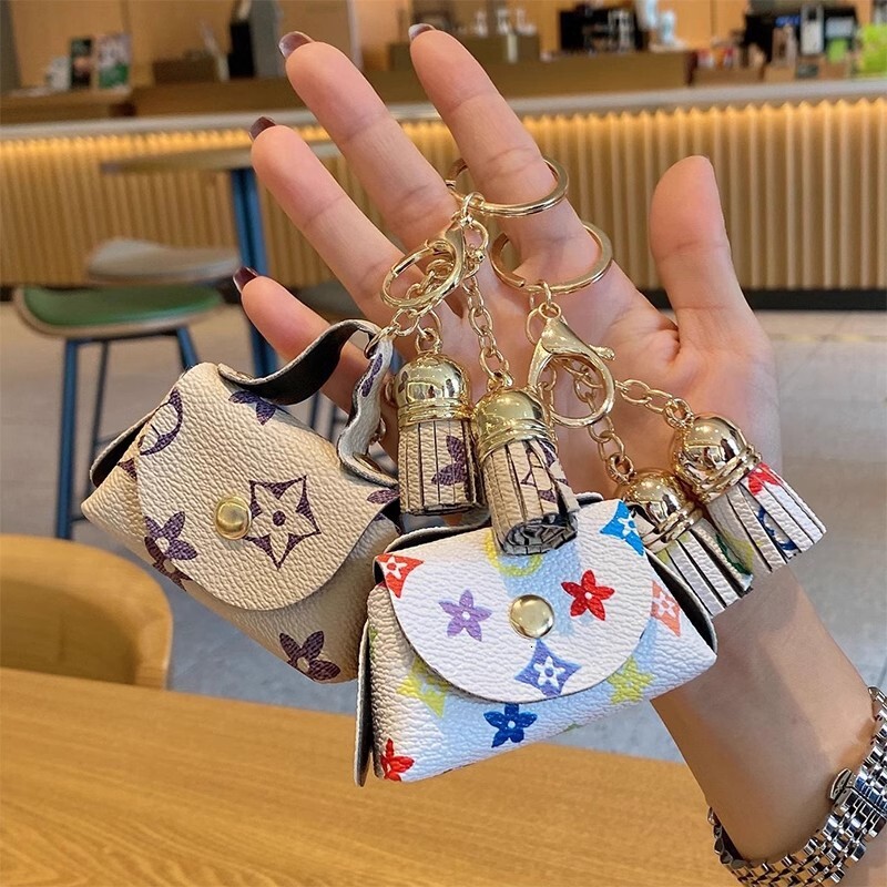 Designer's Cute Mini Leather Coin Wallet Earphone Case, Storage Old Flower Pendant Card Holder Key Bag