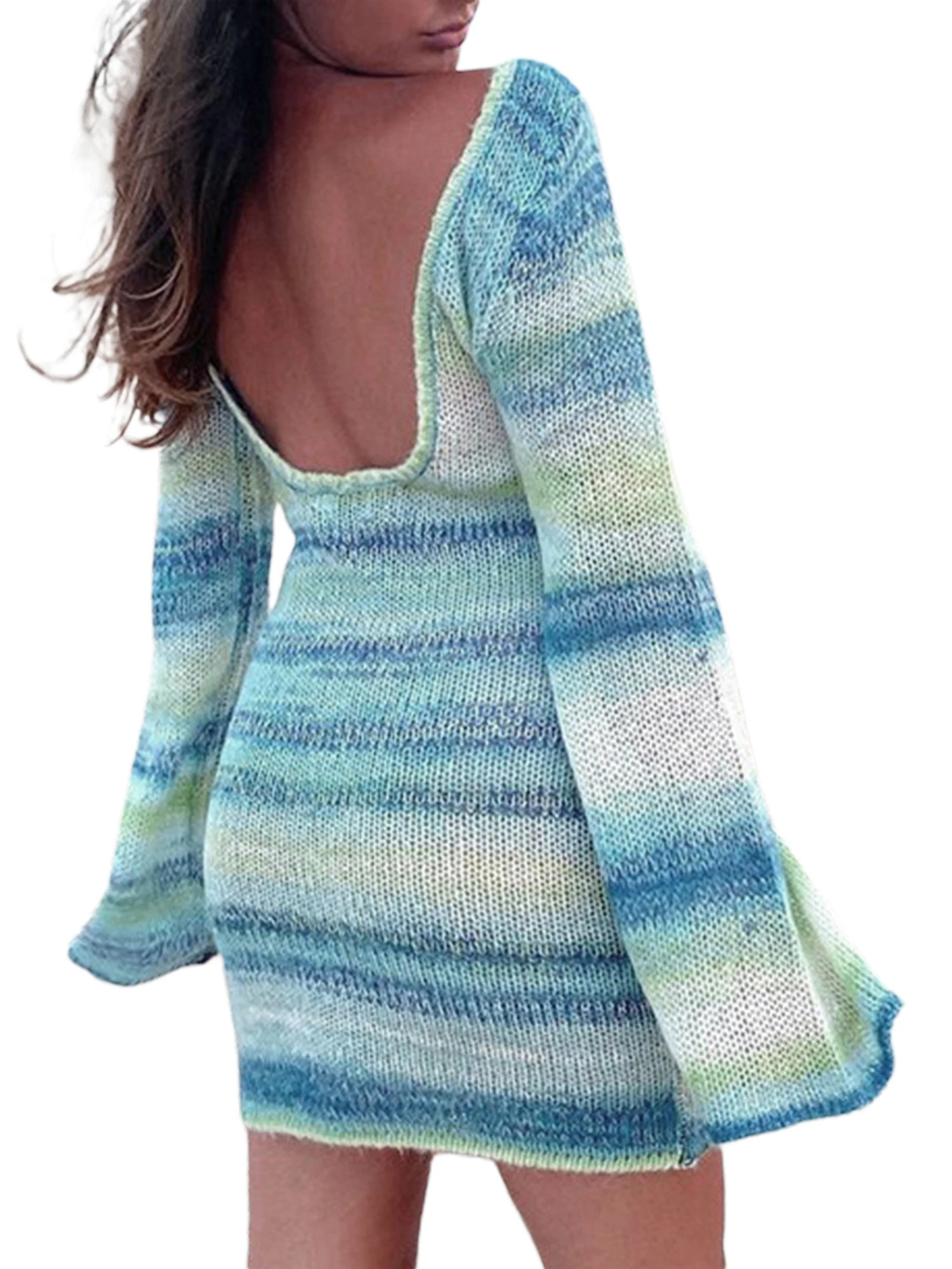 Elegants Dress For Women O-Neck Autumn Knitted Dress Collision sweater long sleeve round neck striped dress 250806