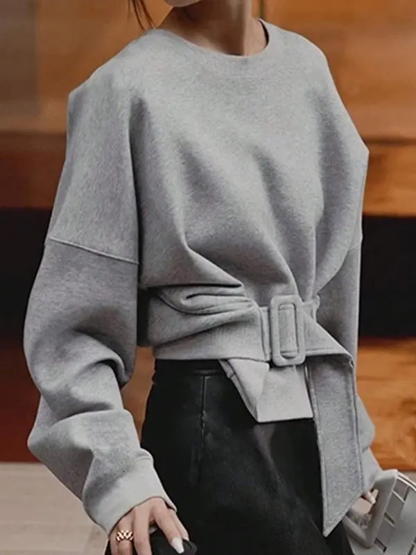 Modigirl Winter Fall Womens Sweatshirts Tops Gray Belt Buckle Round Neck Long Sleeves Hoodies Pullovers Female Spring 250804