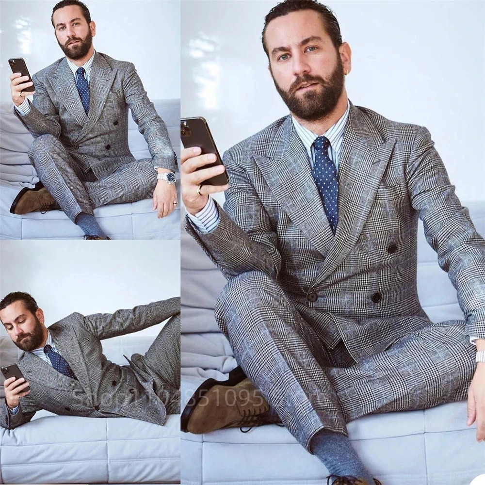 Double Breasted Houndstooth Suits for Men Wedding Groom Tuxedo Plaid Slim Fit 2 Pieces Fashion Check Suit Set Jacket with Pants 250807