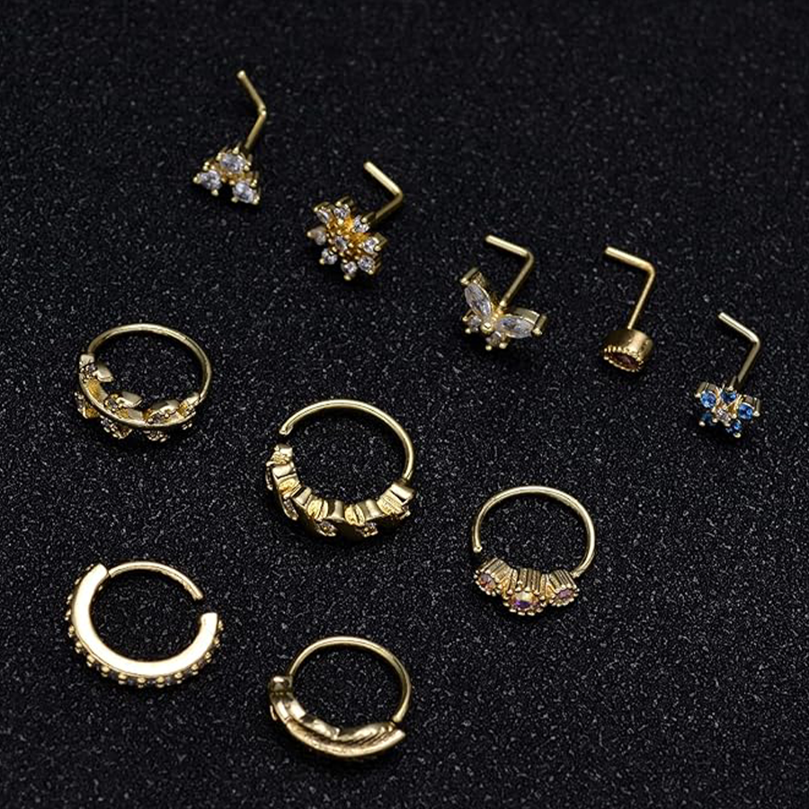 10Pcs Nose Ring Hoop Paved Flower Leaf Butterfly Feather CZ Cartilage Earrings Nose Piercing Jewelry for Women Men Gold Tone 20G
