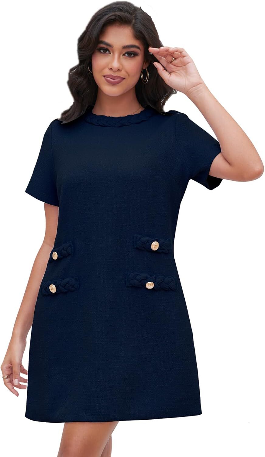 Womens Tweed Short Sleeve Elegant Crew Neck Business Party Vintage Button Bodycon Mini Jackie Dress