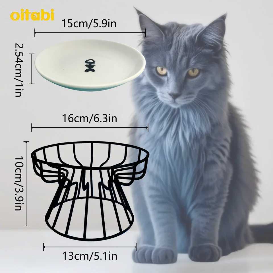 Oitabi Elevated Cat Bowl Raised Ceramic Cat Dish with Metal Stand Pet Water or Food Feeding Station for Cats and Small Dogs Y250806