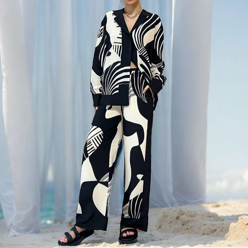 Personality Graffiti Casual Shirt Women's Turn-Down Collar Long Sleeve Fashion Two-Piece Set B5 h7