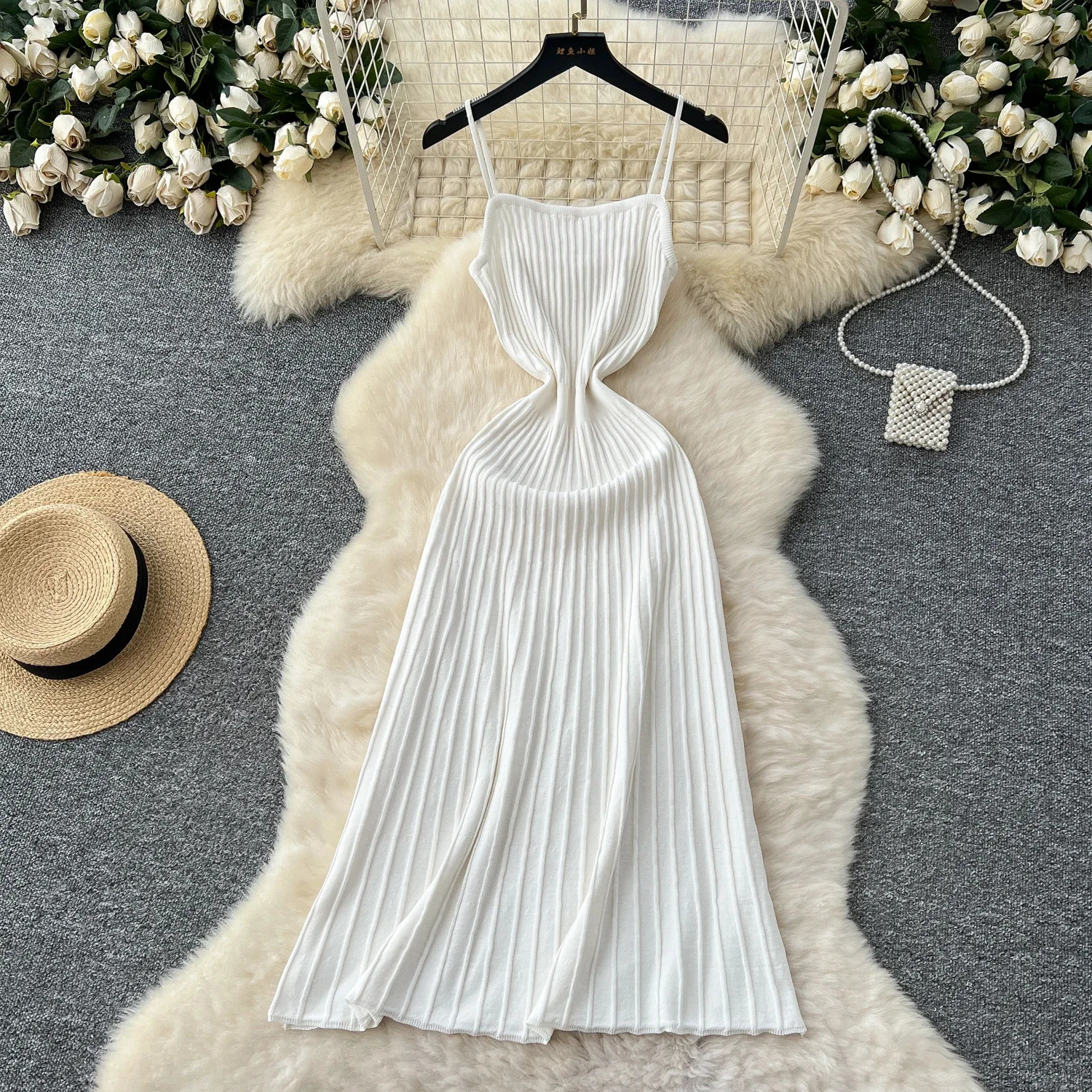 Summer Knit Spaghetti Strap Dress Sleeveless Elastic Waist Slim Simple Style Gentle Casual A Line Female Maxi Long 250807