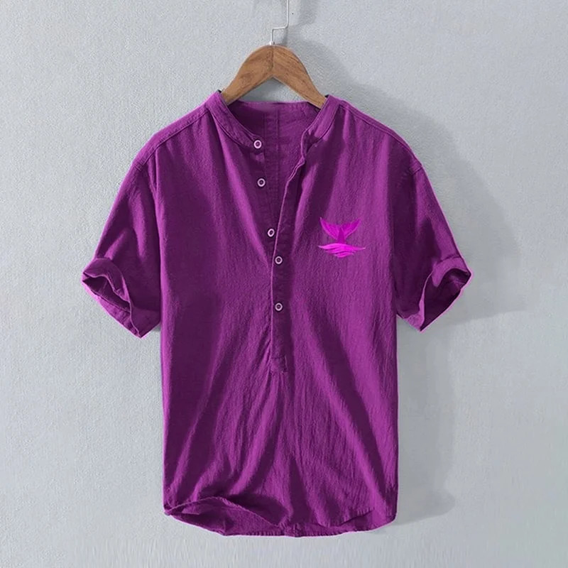 Mens Japanese Art Linen Blend Fashion Shirt Loose VNeck Button Short Sleeve Printed Top Camisas Acogedoras Ropa De Hombre 250807