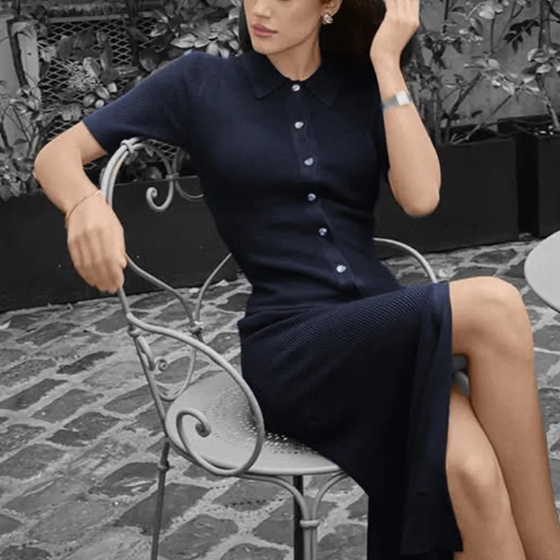 Talenza Knit Slim Long Dress Women Solid High Waist Slim Single Breasted Long Dress Fashion Lapel Casual Office Lady Knit Dress 250805