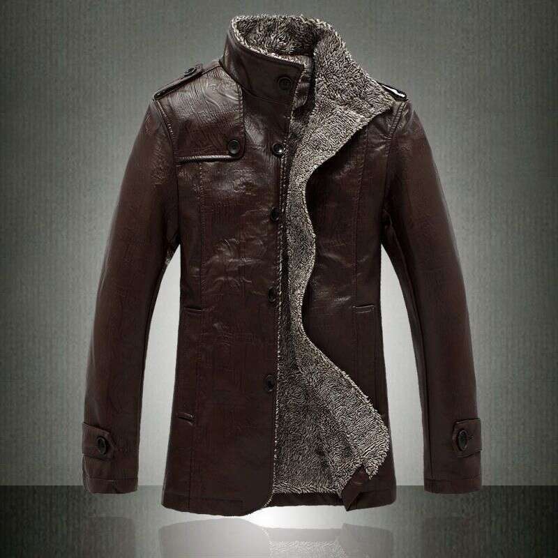 Men's Clothing Large Size Casual Fashion PU Leather Coat Stand Fur Collar Plus Veet Thickening