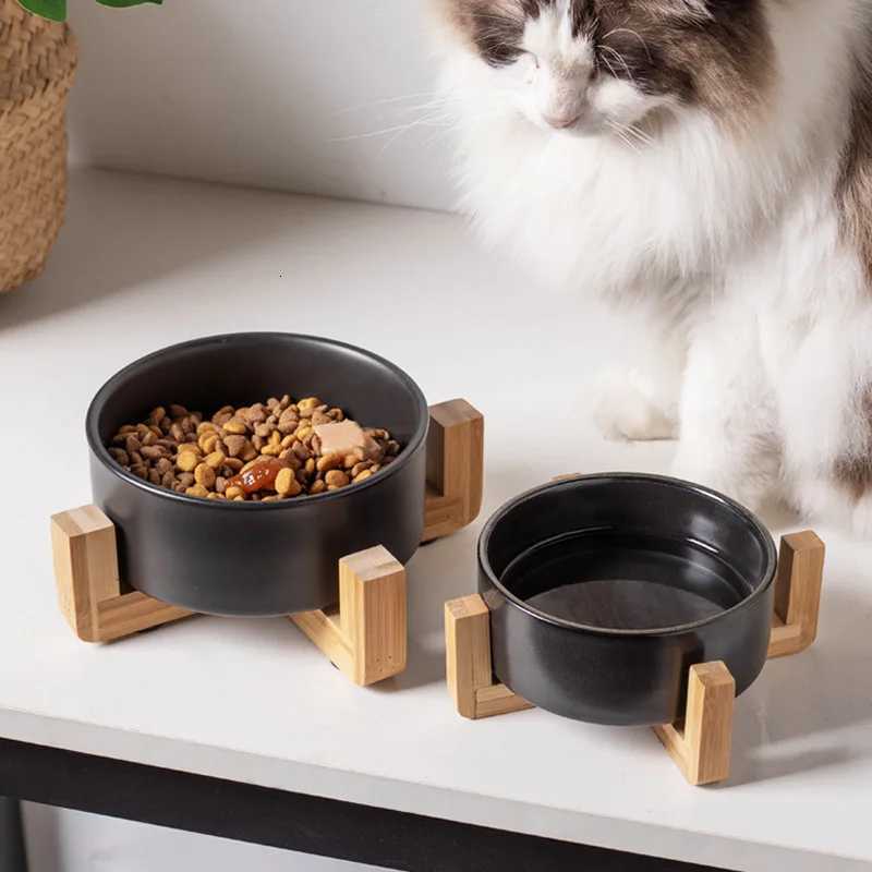 New Ceramic Pet Bowl Wooden Anti Overturning Pet Dogs Cats Food Water Feeder Multiple Styles Cat Bowl Pet Supplies Accessories Y250806