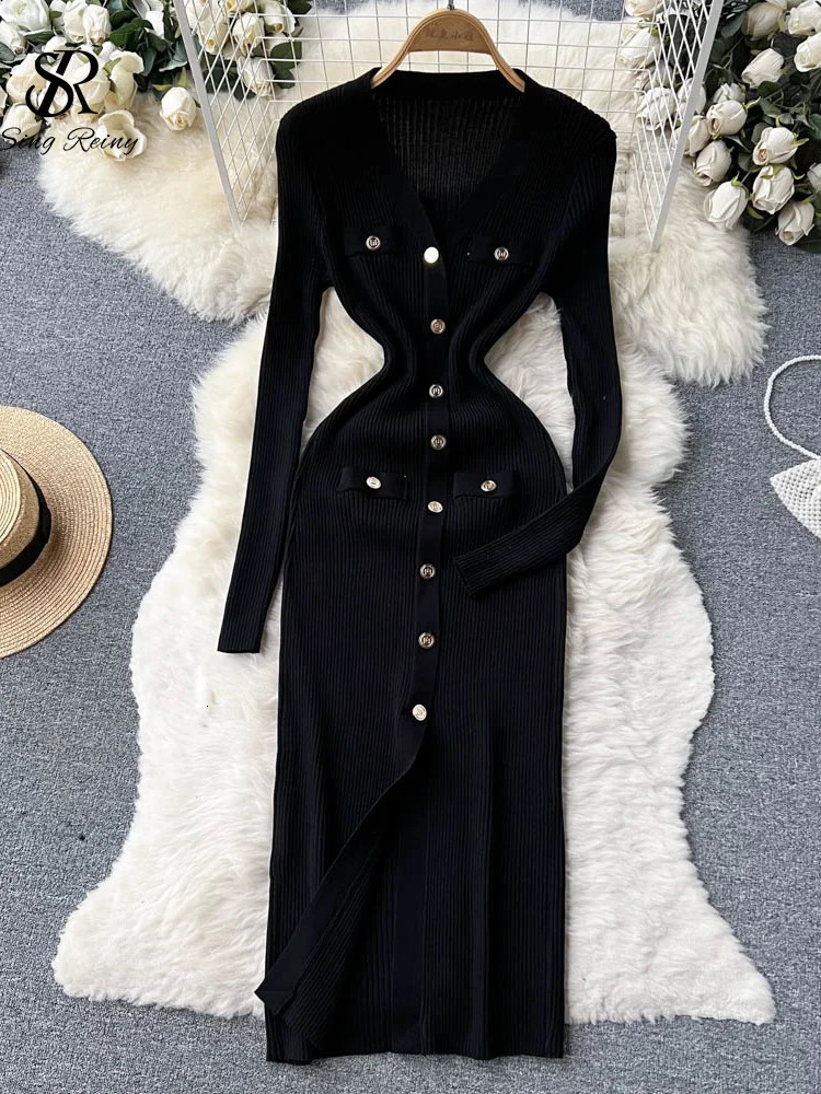 SINGREINY Winter Slim Knitted Dress V Neck Single Breasted A Line Split Midi Dress Long Sleeve Women Sweater Long Dress 250806