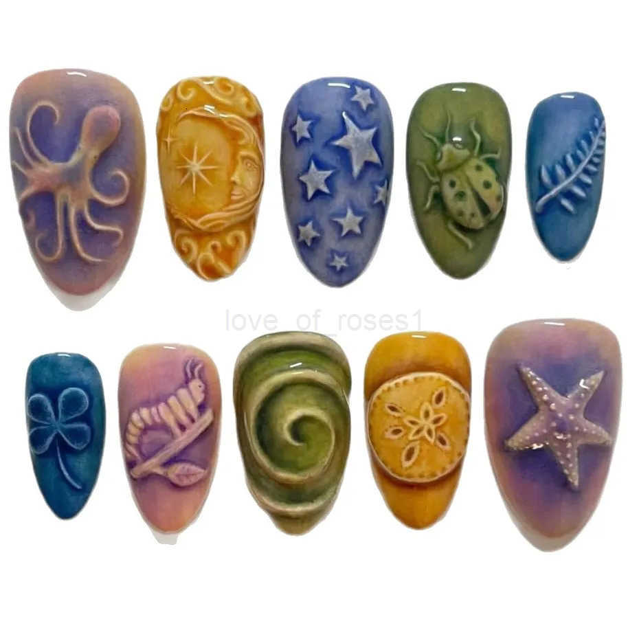 24pcs Charming Summer Ocean Press On Nails Colorful Painting Short Almond False Nails With Starfish Flower Press On Nail Z250807