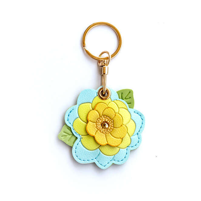 DHessentials Elegant Camellia Keychain & Badge Holder - Leather Card Case with Alloy Flower Charm for Keys/Purse (6.4cm, 15g)