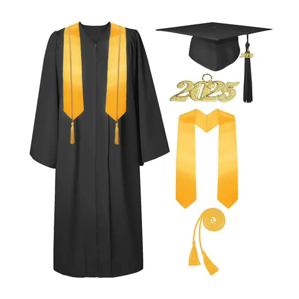 5PcsSet 2025 Bachelor Uniform Suit Stole Zipper Clre Graduation Robe With Hat Tassel Rope Of Honors Party Clothes 250729