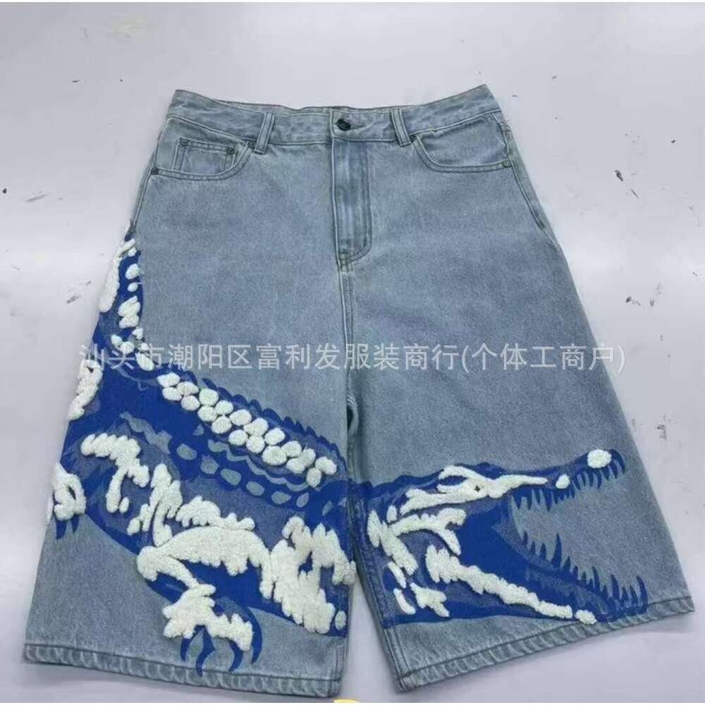 2024 Summer New American Style Washed Trendy Printed Denim Shorts Loose Casual Straight Wide-Leg Pants