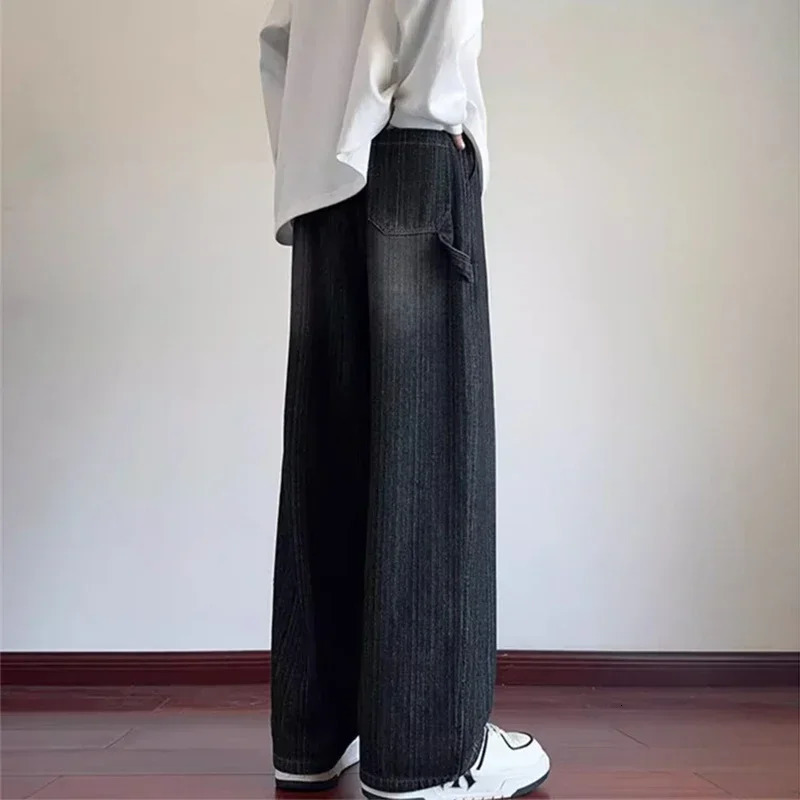 Distressed Vintage Blue Jeans For Men Drawstring Straightleg Denim Pants Y2K Streetwear Washed Baggy Jean Hombre 250807