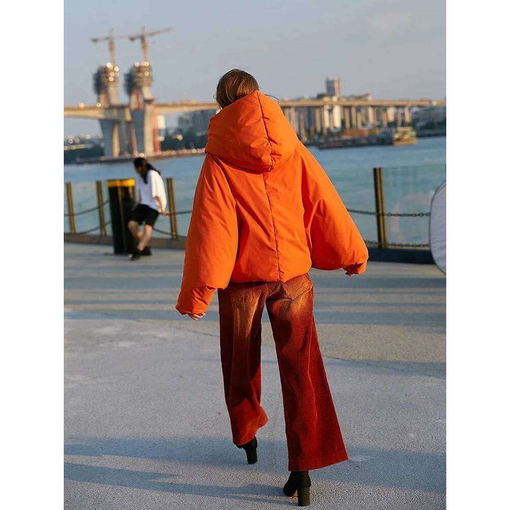 Designer Clothing 2025 Winter New Hooded Long Sleeve Warm Coats Women's Parkas Fashion Tide Loose Fluffy Orange Red Oversized Down Jacket