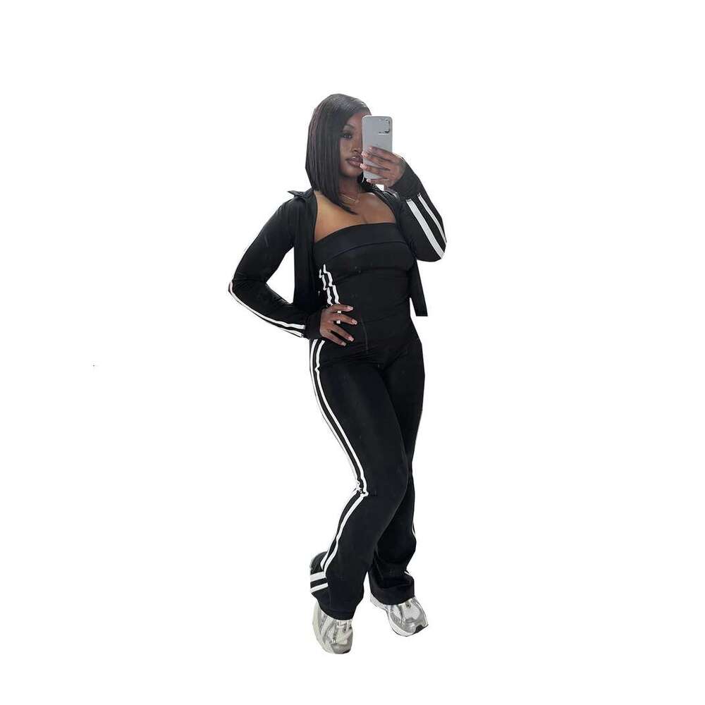 designer leisure Women's Clothing Splicing Striped Yoga Clothes Zipper Long Sleeved Jacket Tube Top Sports Three Piece Suit