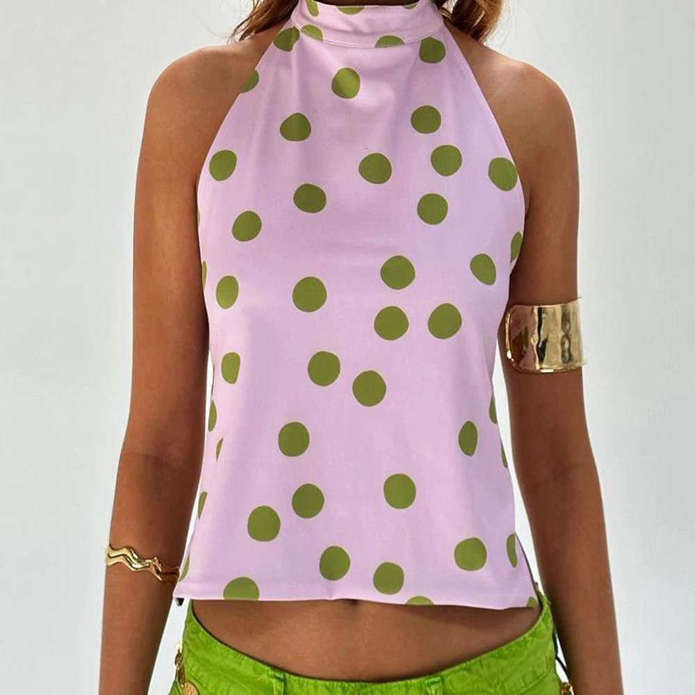 Women Vintage Y2k Fairy Floral Halter Neck Tops Coquette Boho Backless Sleeveless Tank Summer DotsFlower Print Cami Vest 250807