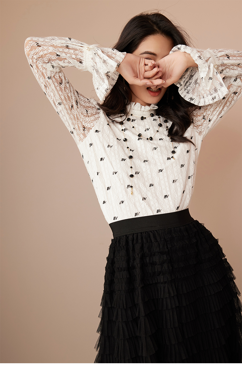 Sweet Ruffled Neck Lace Tops for Women Sheer Long Sleeve Blouses Dressy Autumn Casual Letter Print Shirt 6112717