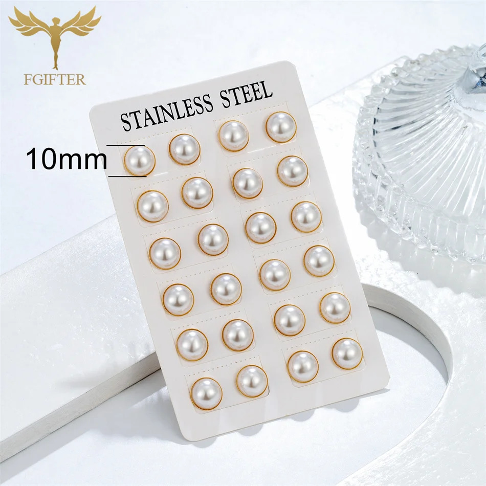 12 Pairs Pack Golden Stainless Steel Stud Earings for Women 5-10mm Half Artificial Pearl Earrings Set piercing acier inoxydable 250805