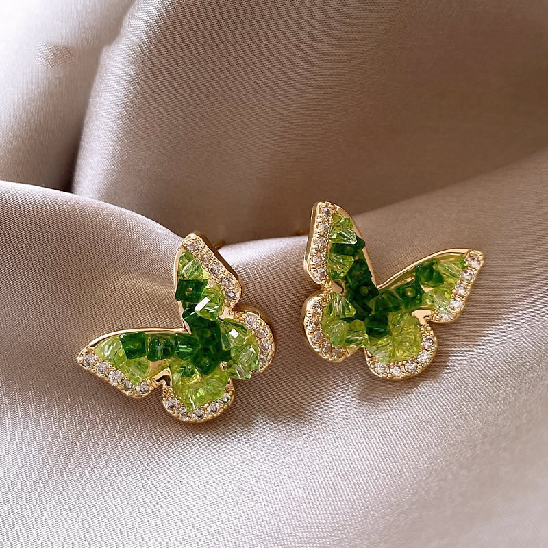 Free Shipping Designer Luxury Jewelry Green Crystal Butterfly Unique Women's Earrings Niche Temperament Studs High-end Fashion Accessories