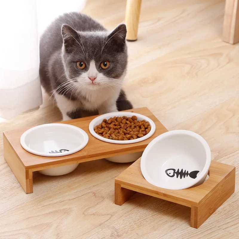 Cute Fishbone Cat Bowl Ceramic Pet Feeding Bowls with Bamboo Stand Single/Double/Three Cat Bowl Dog Feeders Pet Product Y250806