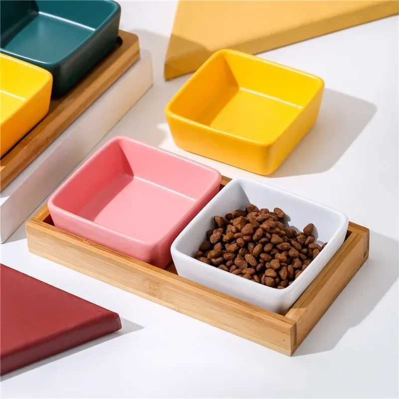 New Ceramic Cat Dog Bowl Puppy Kitten Anti Tipping Feeder with Wooden Tray Square Pet Food Dish Multiple Colors Dog Accessories Y250806