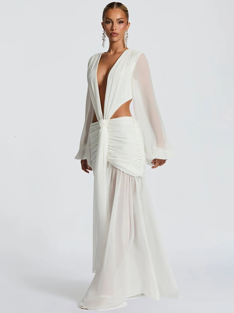 Mozision Deep V Neck Long Sleeve Sexy Maxi Dress Women Gown Fashion Hollow Out Backless Ruched Club Party Long Dress Elegant 250728