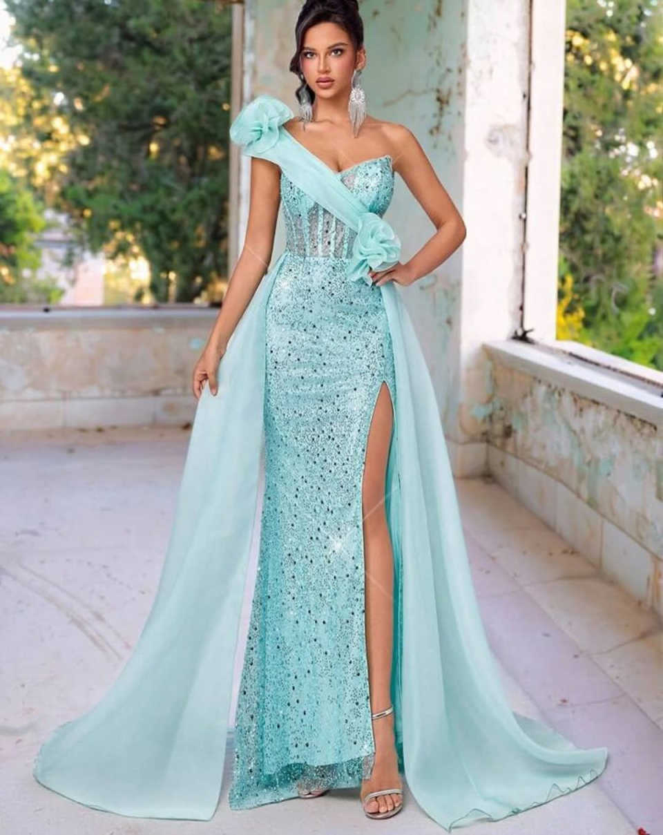 Trendy Mermaid Evening Dress Sleeveless One-Shoulder Handmade Flowers Sequins Crystal Prom Dress Customized